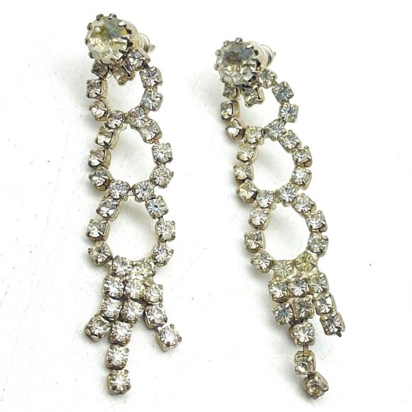 Vintage Triple Rhinestone Circle Earrings Silver Tone Glam Bling Sparkle Holiday - Picture 1 of 8